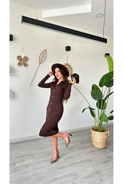 modadagiyim Shirt Collar Buttoned Slit Long Sleeve Midi Very Stylish Dress