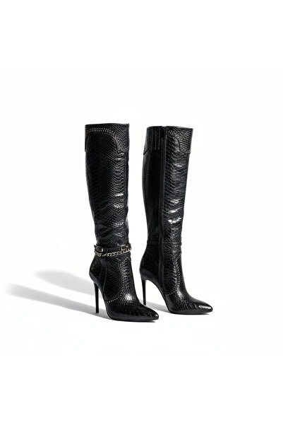 Guja Krokokil Print High Thin Heeled Pointed Toe Women's Black Below Knee Boots