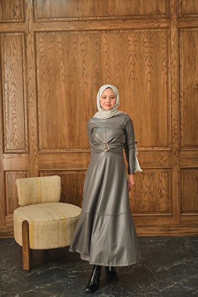 LOCCO Rochie din piele cu căptușeală din fleece pentru femei, antracit