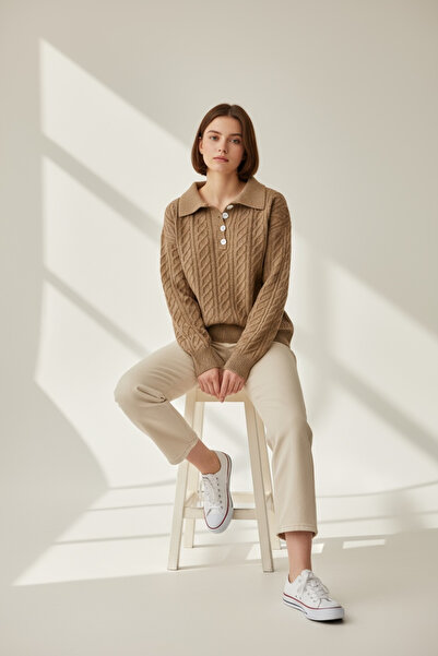 NEWCO Pearl Detailed Knitted Patterned Loose Knitwear Sweater Crew Neck Comfortable Fit Stylish Daily Model