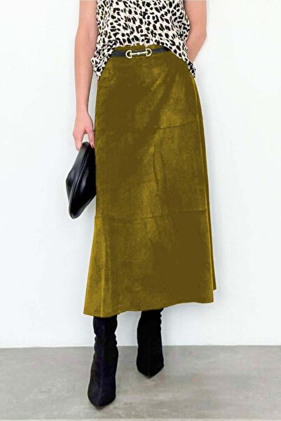 Madmext Yağ Yeşili Süet Uzun Etek Mg2549