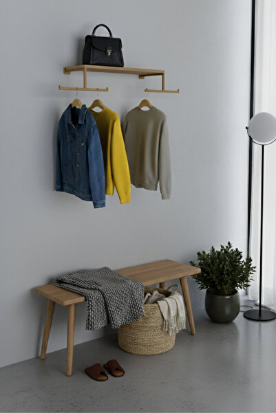 Grandmix Ahşap Raflı Giysi Askısı Metal Askılı Duvar Rafı