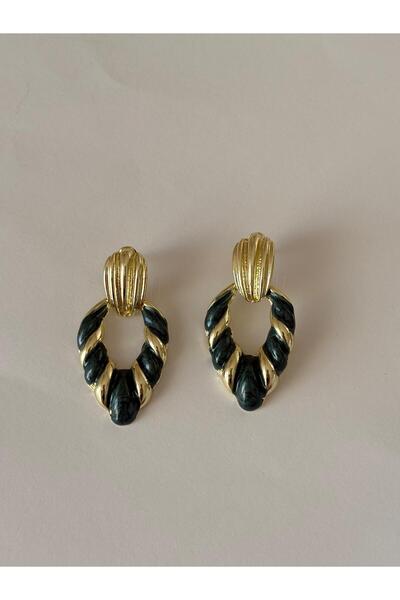 marsel aksesuar Vintage Stripe Drop Green Gold Brass Earrings
