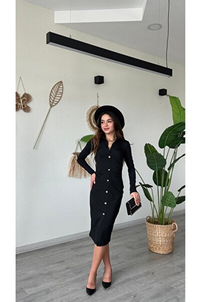 modadagiyim Shirt Collar Buttoned Slit Long Sleeve Midi Very Stylish Dress