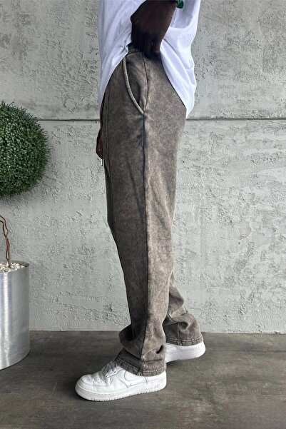 MADZEYMODA Ανδρικό παντελόνι φούτερ ριγέ καφέ πλυμένο με φαρδύ κούφιο χώρο KE-408