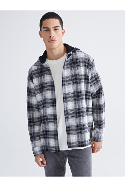 LC Waikiki Μαύρο με κουκούλα μακρυμάνικο καρό ανδρικό πουκάμισο με κανονική εφαρμογή