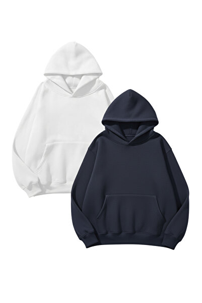 uyguntarz Унисекс бял и индиго 2-компонентен комплект с 3-слойна суитшърт с голям размер