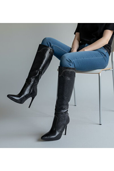 Guja Krokokil Print High Thin Heeled Pointed Toe Women's Black Below Knee Boots