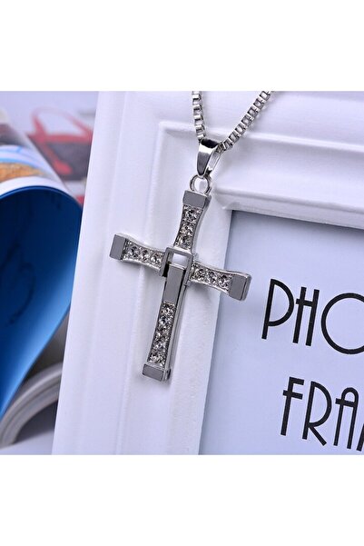 OEM Colier cu pandantiv cruce din titan „Dominic Toretto”, 60 cm, argintiu