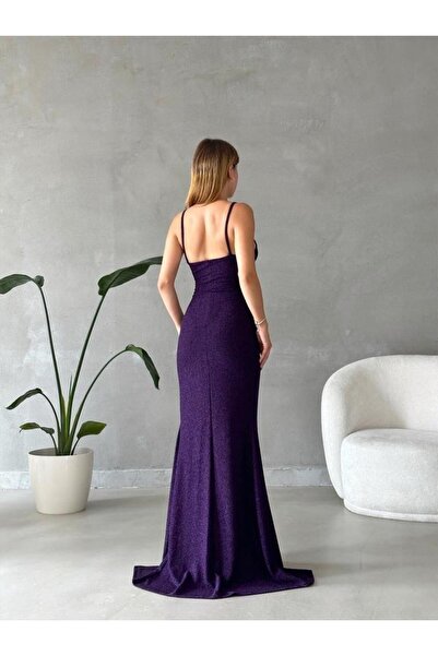 Modafeminen Thin Strap K Double-Breasted Collar Flowers Fabric Evening Dress 582081 Purple