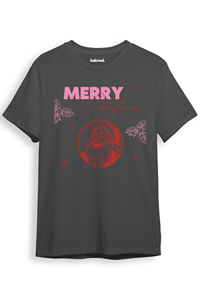 beloved.co 100% Cotton Regular Fit Unisex T-Shirt with Santa Claus Drawing and Pink Text Merry Christmas Design