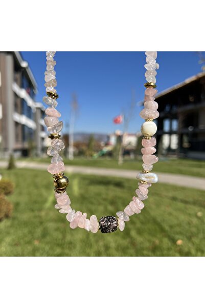 Taşmeran قلادة من الكوارتز الوردي الطبيعي المكسور من الفولاذ اللؤلؤي قابلة لل...