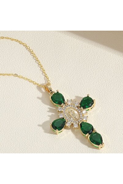 OEM Colier de damă - Cruce modernă cu zirconiu verde, icoană a Maicii Domnului placată cu aur de 14k