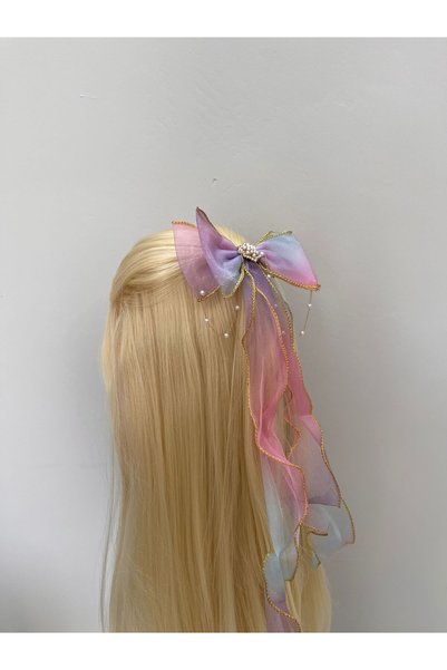 asyakuş Shiny Tulle Tail Bow Buckle with Stone and Brooch Detail Pink Lilac
