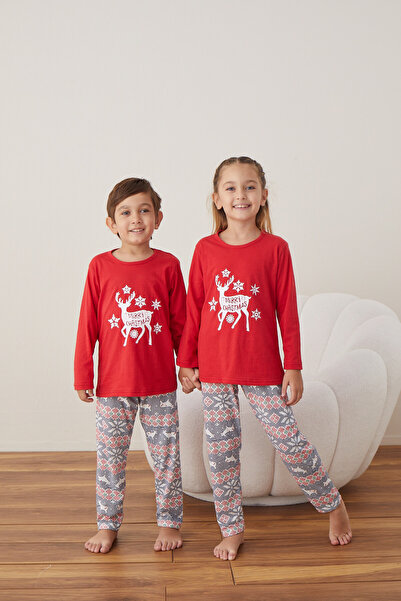 Serena Christmas pajamas for children, red blouse and colorful pants, reindeer print