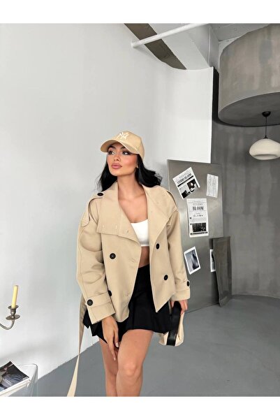 franky B Kadın Premium Kalite Dik Yaka Kemerli Trençkot