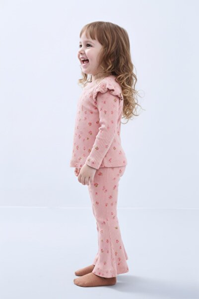 Perendi Kız Çocuk Fırfır Kol Çiçekli Fitilli Takım – Pudra