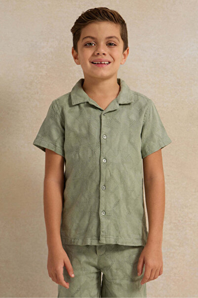 REDTAG Boys Olive Jacquard Short Sleeve Shirt