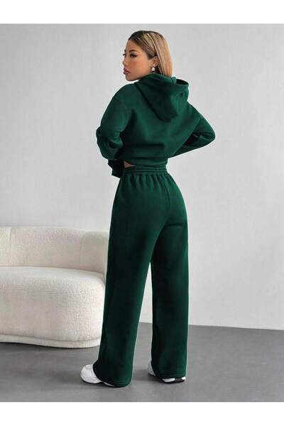 LEONE KOLEKSİYON Women's Neft Green Hooded Two Thread Suit – High Waist Comfortable Fit