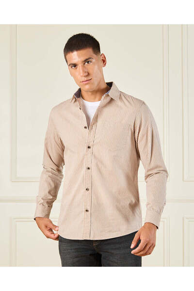 REDTAG Men Beige Striped Long Sleeve Shirt