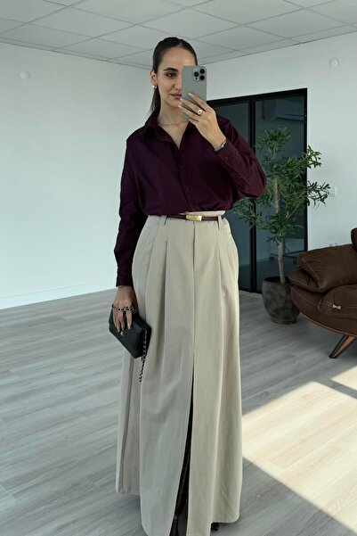 Nazliye Taş Renk Yırtmaçlı Uzun Etek