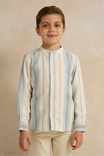 REDTAG Boys Blue Striped Mandarin Collar Shirt
