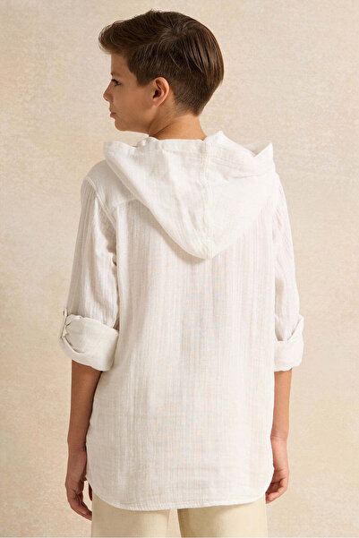 REDTAG Senior Boys White Hooded Kangaroo Pocket Shirt