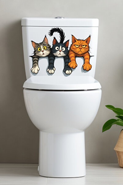 Echo Home Klozet Sticker Üç Sevimli Yaramaz Kedi Deseniyle Eğlenceli Banyo Sticker Seti
