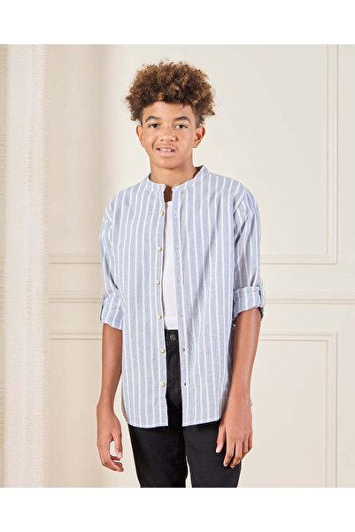 REDTAG قميص أزرق مخطط بياقة ماندرين للأولاد الكبار