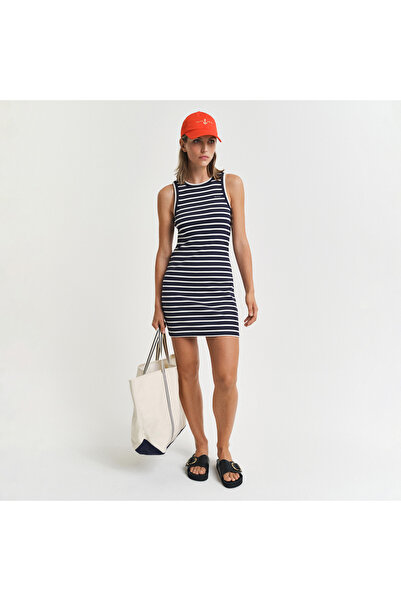 Gant Kadın Lacivert Slim Fit Bisiklet Yaka Çizgili Elbise