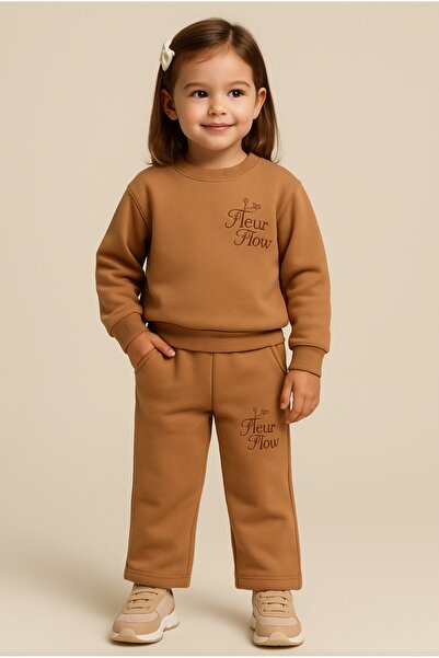 Damla Girl's Printed Elastic Waist Pockets Fleece-Lined Three-Piece Thick Tracksuit Set