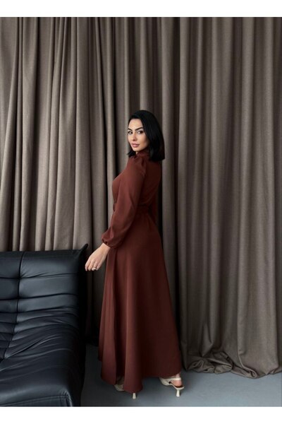 MSN Atlas Fabric Dress with Front Belt (Including Belt) Brown -2511