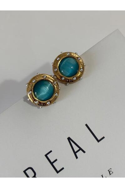 marsel aksesuar Turquoise Pearl Detail Round Gold Steel Earrings