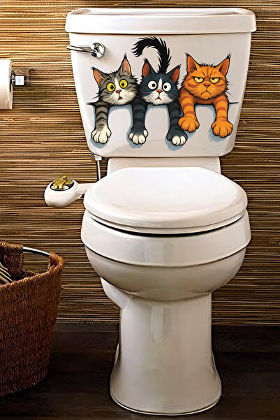 Echo Home Klozet Sticker Üç Sevimli Yaramaz Kedi Deseniyle Eğlenceli Banyo Sticker Seti