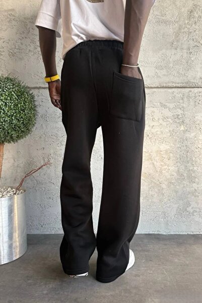MADZEYMODA Men's Baggy Fit 3 Thread Ş Fleece-Lined Black Sweatpants Ke-7030