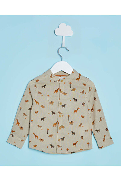 REDTAG Infant Boys Beige Animal Print Mandarin Shirt