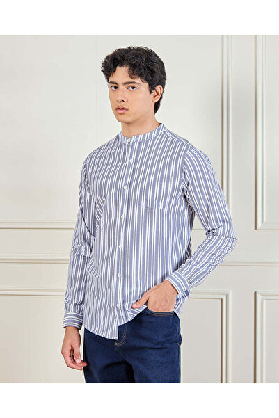 REDTAG قميص رجالي أزرق بأكمام طويلة وياقة ماندرين