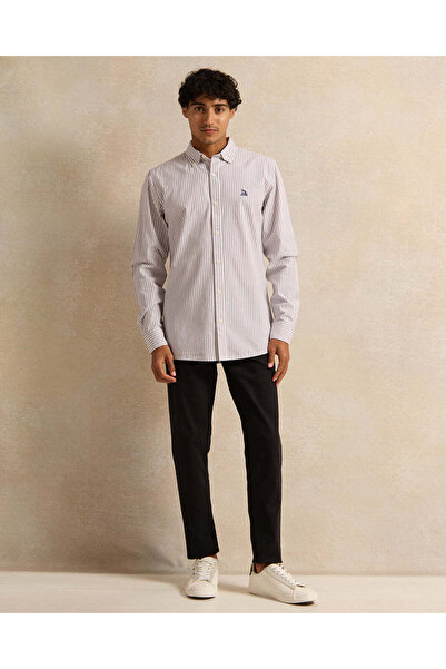 REDTAG Men Grey Mandarin Collar Striped Shirt