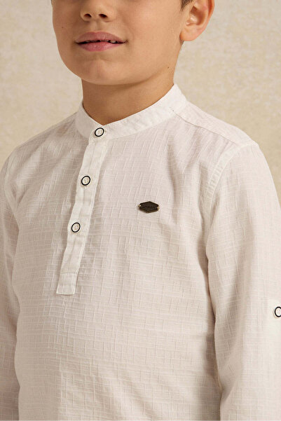 REDTAG Boys White Mandarin Collar Jacquard Shirt