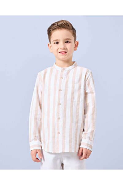 REDTAG قميص للأولاد مخطط باللونين البيج والأبيض وياقة ماندرين