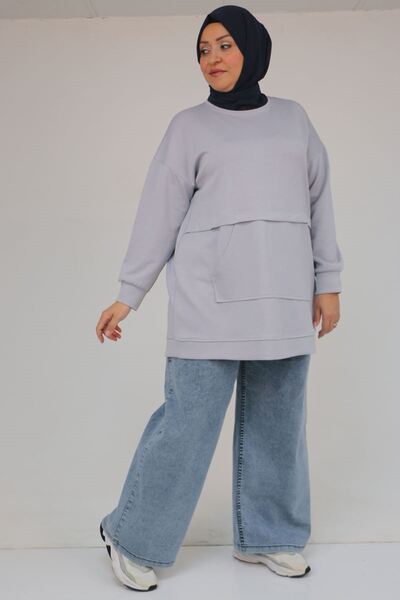 Eslina 58133 Plus Size Kangaroo Pocket Modal Tunic - Gray