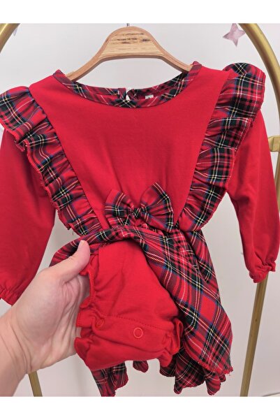 kidsense New Year's Birthday Special Day Baby Girl Red Plaid Romper Dress with Snap Buttons at the Bottom