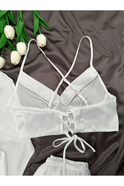 Lena Homewears Timeless White Satin Shorts and Robe 3-Piece Premium Bridal Set (Boxed)