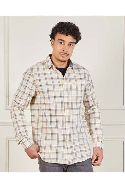 REDTAG Men Beige Button Down Long Sleeve Shirt