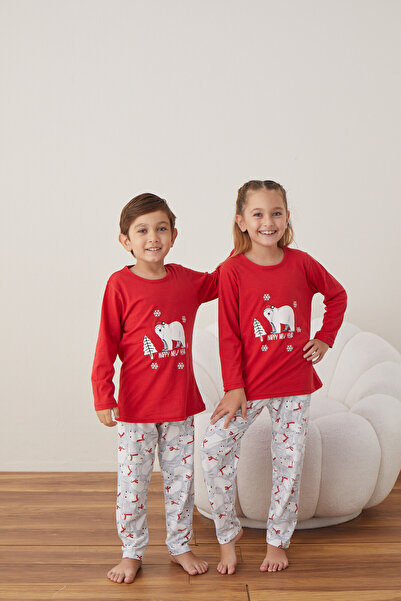 Serena Children's Christmas pajamas, red top and gray pants with teddy bears, "Polar Bear" print