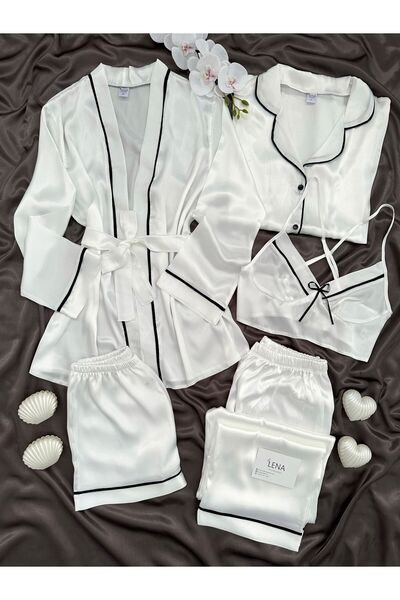 Lena Homewears Timeless White Satin Shorts, Robe, Pajama Set, 5-Piece Premium Bridal Set (Boxed)