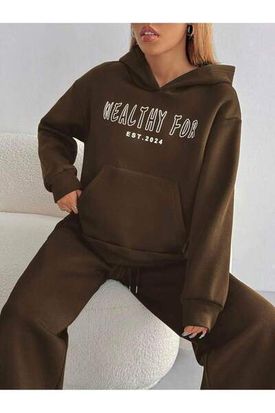 LEONE KOLEKSİYON Women's Brown Hooded Two Thread Suit – High Waist Comfortable Fit