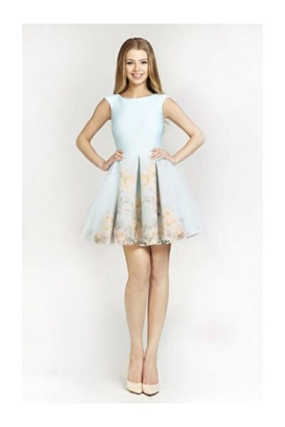 Betty M Rochie cocktail albastra cu flori scurta baby doll din scuba