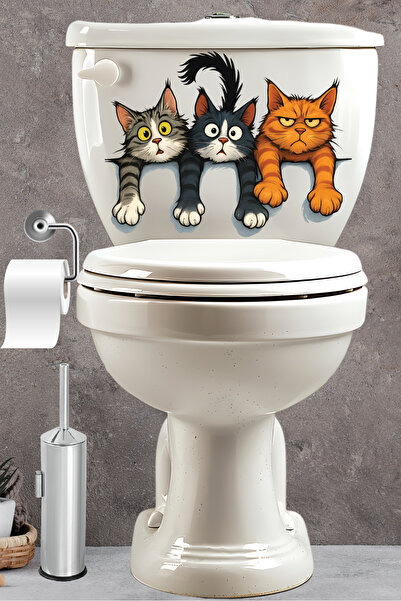Echo Home Klozet Sticker Üç Sevimli Yaramaz Kedi Deseniyle Eğlenceli Banyo Sticker Seti