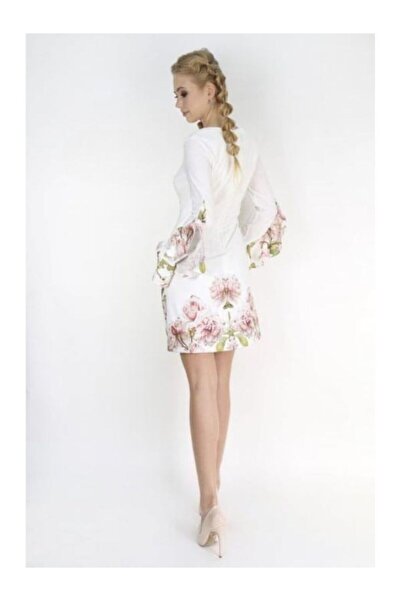 Betty M Short white floral scuba cocktail dress with long sleeves